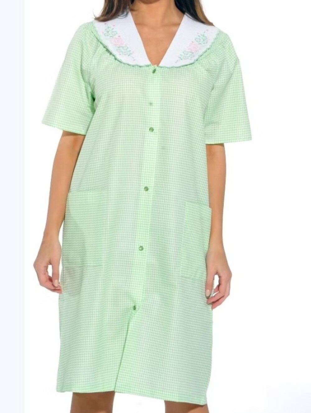 Dreamcrest Womens Short Sleeve Duster Housecoat Green And Pink Large New